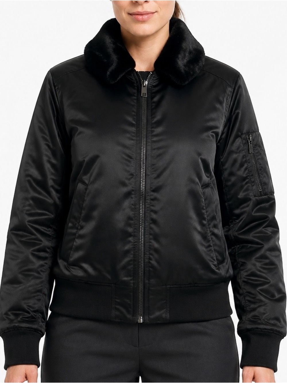 GAP Black Faux Fur Lined Bomber Jacket Size Small Satin Finish Full Zip Coat